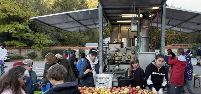 Foto: Ein hänger voller Äpfel, drumherum stahen Schüler. Im Hintergrund das Saftmobil